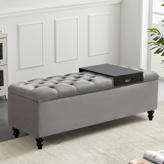 Ottoman with Storage,50.2-inch Upholstered End of Bed Storage Bench for Bedroom,for The Living Room,for Entryway, with Tray & Button and Safety Hinges,Detachable (Grey)