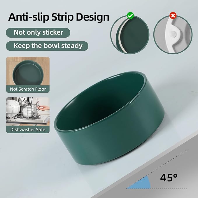 Ceramic Dog Bowl, Food and Water Bowl for Medium Breed Dog, Pet Bowl for Replacement (7.3 inch, Single Bowl, Green)