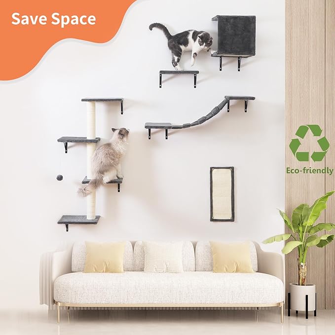 Modern Wall-Mounted Cat Furniture - 5pcs Cat Wall Shelves, Wooden Climber Includes House, Bridge, Tree, Steps, and Scratcher (Gray)