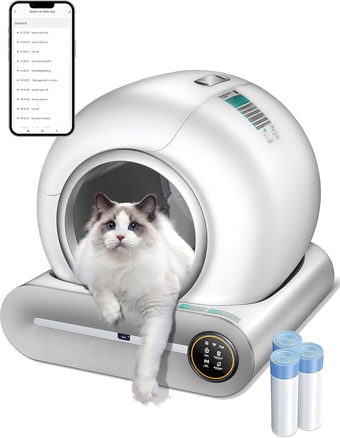 (2025) Self Cleaning Litter Box, Upgraded Robot Automatic Litter Box for Multiple Cats, 65L+9L Extra Large, Features Negative ion Sterilization and Deodorization, APP Control, 3 Rolls Litter Liners