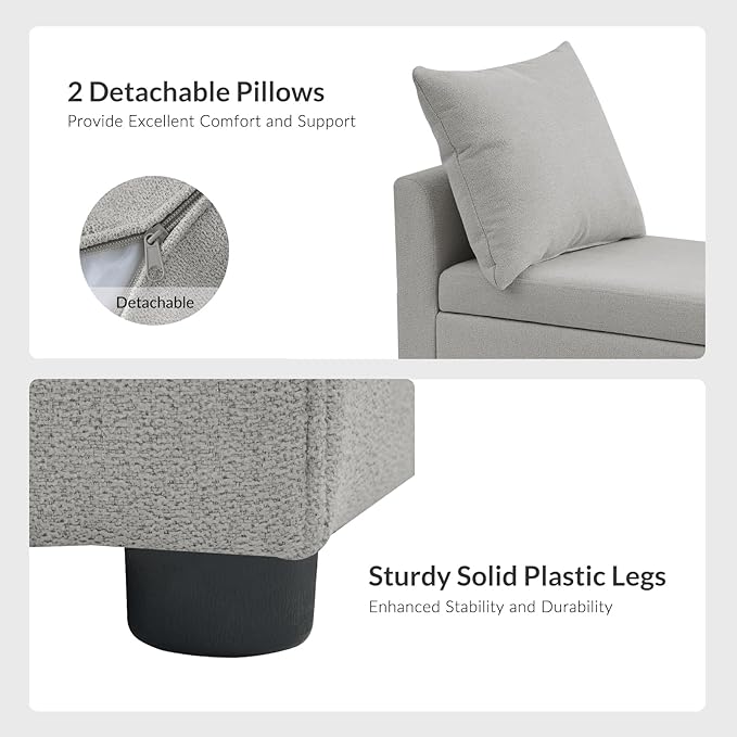 HULALA HOME Modern Storage Ottoman Bench with Throw Pillows, 59" Extra Long End of Bed Bench with Storage Pocket, Comfy Upholstered Footstool for Bedroom Entryway Living Room, Grey