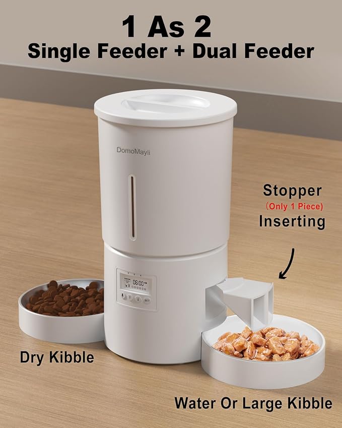 Automatic Dual Cats Feeder for 2 Cats,6 Meals/Day,12 Portions/Meal,Dual Power Auto Pet Feeder Dry Food Dispenser,Flexible Schedule Timer 10S Voice Record (White, ABS Dual Bowls)