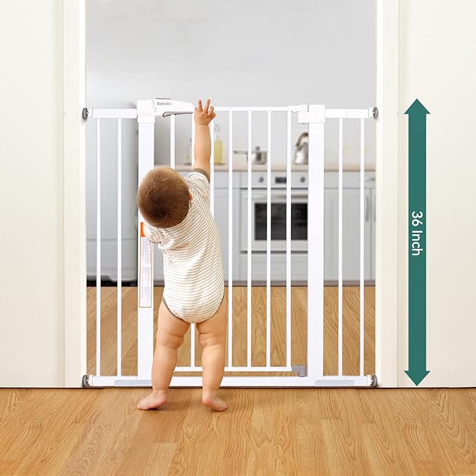 BABELIO 36" Extra Tall Dog Gate, 26-40" Wide Auto Close Baby Gate, Pressure Mounted Metal Pet, Easy Install No Drilling, No Tools Required, With Wall Protectors and Extension Kits, White