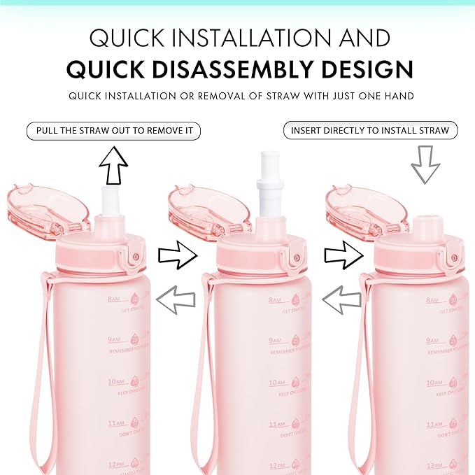 32oz Motivational Water Bottles with Time Marker & Fruit Strainer, Transparent Gradient Color Water Bottle with Times to Drink, Leakproof & BPA Free, Reusable Bottle with Strap (No Straw)