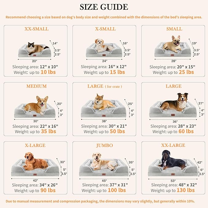 Comfort Expression Large Dog Beds Waterproof Orthopedic Foam Dog Sofa Beds Comfy Pet Bed with Washable Removable Cover & Non-Slip Bottom(Large,Grey White)