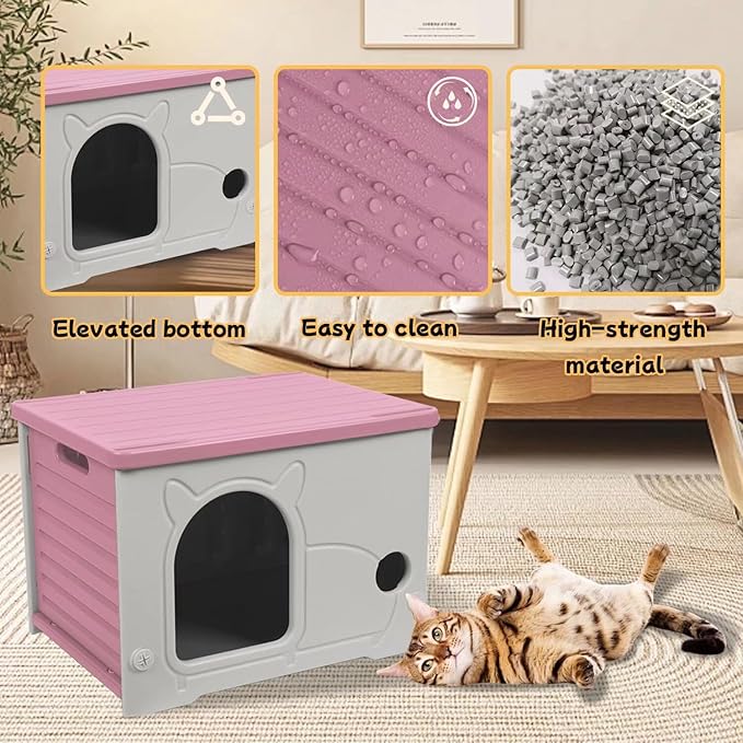 Plastic Outdoor Cat House Waterproof Feral Cat Shelter (Pink)
