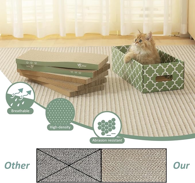 MECOOL Cat Scratching Board，5PC Cat Scratch Pad with Box，Reversible Corrugated Cat Scratcher Cardboard and Lounge Bed for Indoor Cats, Catnip