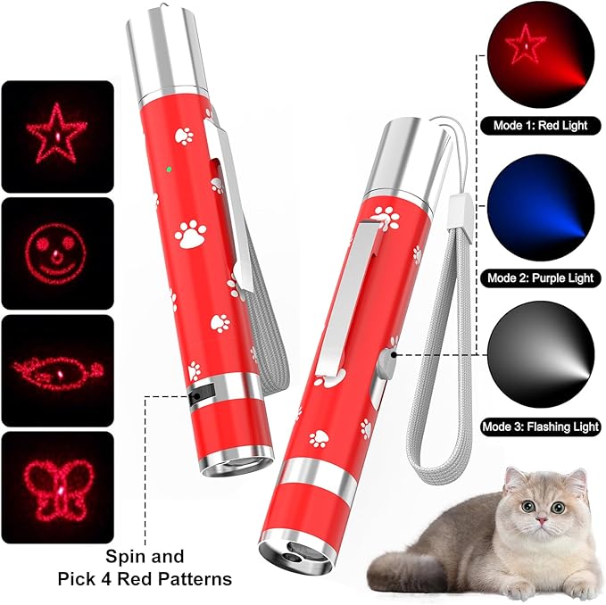 EAWONGEE Cat Toys, Rechargeable Interactive Toy for Cats with 7 Light Projection Modes, Indoor Kitty Pet Dog Toy for Training Chaser, 2 PCS Red