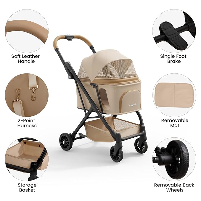 Lightweight Dog Stroller Portable Compact Folded Pet Stroller for Small/Medium Dogs & Cats Up to 35lbs One Click Folding Large Cat Carriage with Adjustable Canopy Storage Basket- Khaki