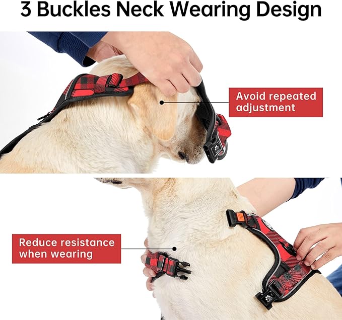 IVY&LANE No Pull Dog Harness with Leash Set, Reflective No Choke Pet Vest,Adjustable Oxford Dog Vest Harness with Easy Control Handle for Large Dogs (Checkered Red,L)
