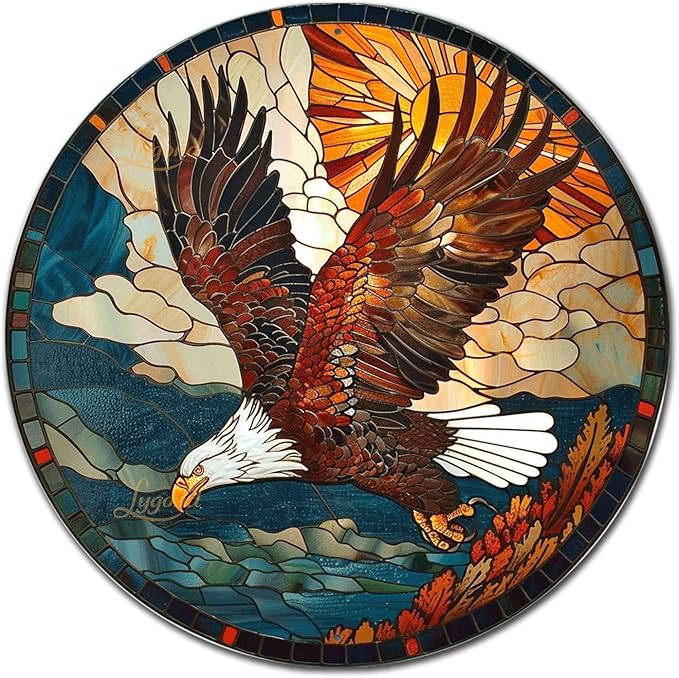 Lygond Metal Sign Tin Sign Circular Stained Glass American Bald Eagle Bathroom Signs for Home for Garden 12×12 Inches