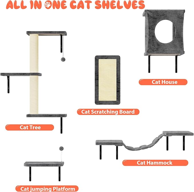 NUNU LAB Wall Mounted Cat Furniture, 5 Pcs Cat Wall Shelves with House, Bridge, Steps, Scratching Post, Shelves, Indoor Safe & Stable Furniture for Kittens Play, Gray