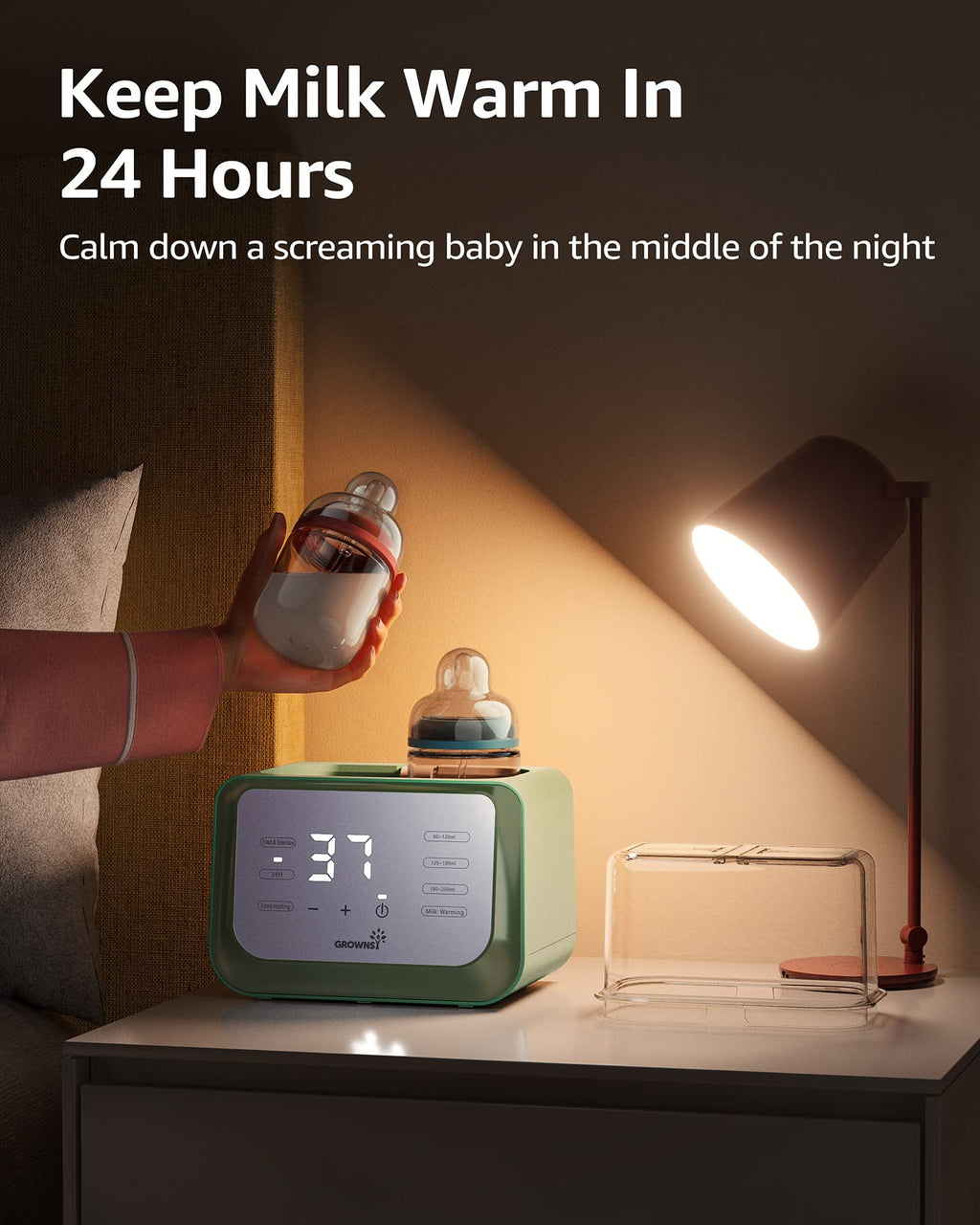 Baby Bottle Warmer, Grownsy 8-in-1 Fast Milk Warmer with Timer Breastmilk or Formula, Fits 2 Bottles, Accurate Temperature Control, with Defrost, Sterili-zing, Keep, Heat Baby Food Jars Function