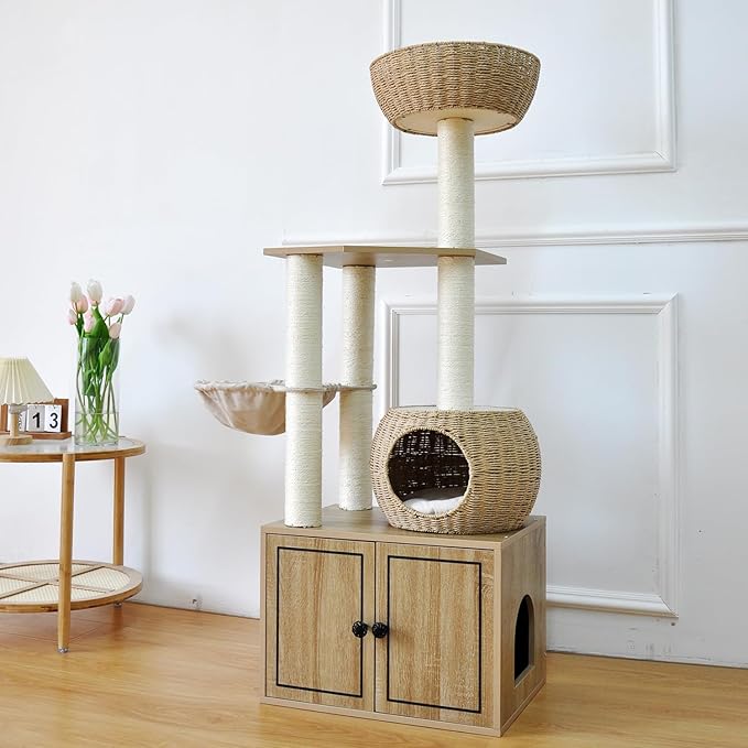 56.7" Tall Rattan Cat Tree for Indoor Cats, Multi-Level Wooden Cat Tower with Scratching Posts, Large Cat Climbing Furniture with Perches