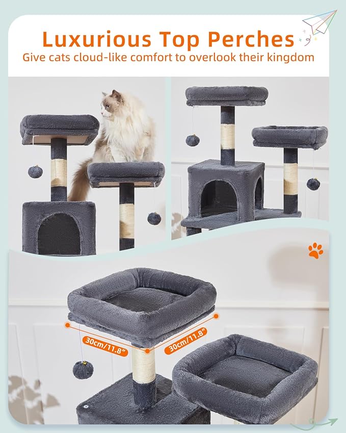 Taoqimiao Cat Tree, 68-Inch Cat Tree Cat Tower for Indoor Cats, Plush Multi-Level Cat Condo with 6 Scratching Posts, 2 Perches, 2 Caves,Hammock, 3 Pompoms,MS020SG Smoky Gray