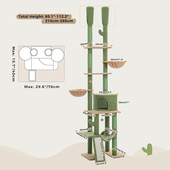 PAWZ Road Cactus Cat Tree Floor to Ceiling Cat Tower with Adjustable Height(85-112 Inches), 7 Tiers Climbing Activity Center with Cozy Hammocks, 5 Platforms and Scratching Posts for Indoor Cats