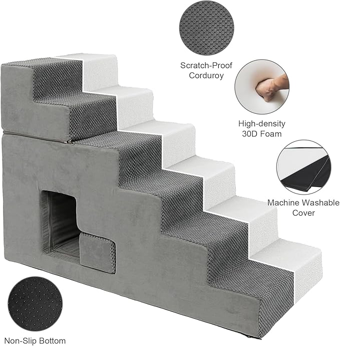 Dog Stairs for Small Dogs 27”H, 6-Step Dog Steps for High Bed, High-Density Foam Pet Stairs with Non-Slip Removable Washable Cover to Get on Bed(Grey)