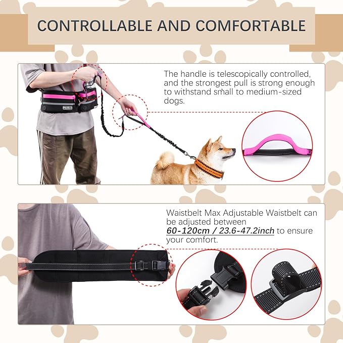 Hands-Free Dog Leash with Pouch, Waist Leash for Walking Two Dogs, Reflective Stitching, Dual Handle, Bungee Retractable for Medium to Large Dogs - Pink,Dog Walking Accessories