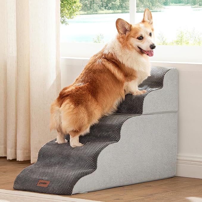 Dog Stairs for High Beds 22.8" H - Pet Stairs Ramp for Couch, 35D Foam Dog Steps for Small to Large Dogs with Non-Slip Bottom Grey, 5 Steps