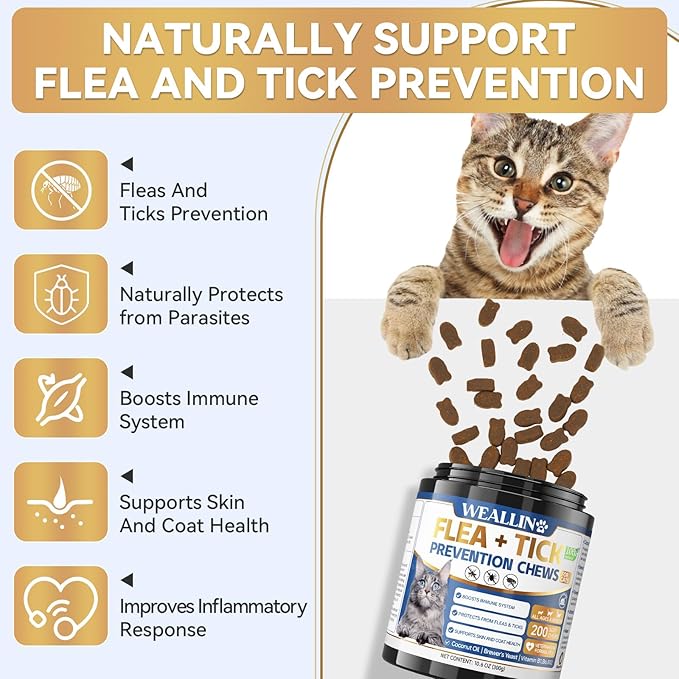Flea and Tick Prevention for Cats, 200 Soft Chews for Fleas Treatment for Cats, Natural Cat Oral Flea Chewables Support Supplement, Flea and Tick Chews for All Breeds & Sizes