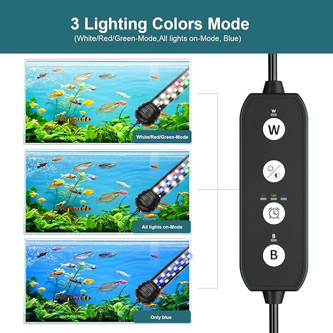 Led Aquarium Light with Timer, Submersible Aquarium Plant Light, Fish Tank Light with Auto On/Off, 3 Lighting Modes, Adjustable Brightness (11 inch for 12-23inch Planted Tank), 7W