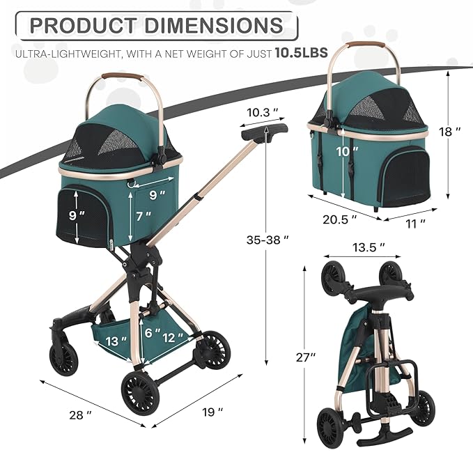 MoNiBloom 3 in 1 Pet Stroller with Adjustable Handle, Jogging Stroller w/Detachable Carrier & Lightweight Aluminum Frame for Dogs Cats, Hunter Green