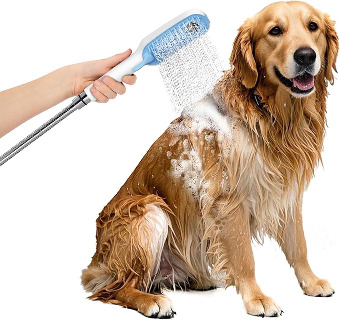 SR SUN RISE Dog Shower Attachment with 4 Adjustable Spray Modes, Pet Shower Attachment Hose for Easy Installation, Dog Shower for Bathing and Grooming, Indoor/Outdoor Use, 6.5-Foot Hose, Blue/White