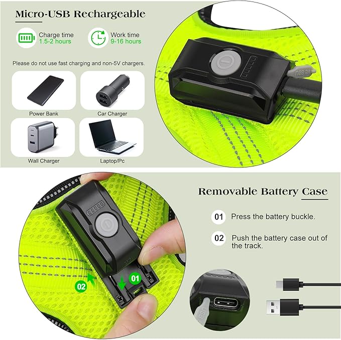 Light Up Dog Harness, Rechargeable LED Dog Harness with Battery Level Indicator, Adjustable Reflective Safety Vest for Night Walking, Soft Mesh Lighted Harness for Medium Large Dogs(5-90lbs)