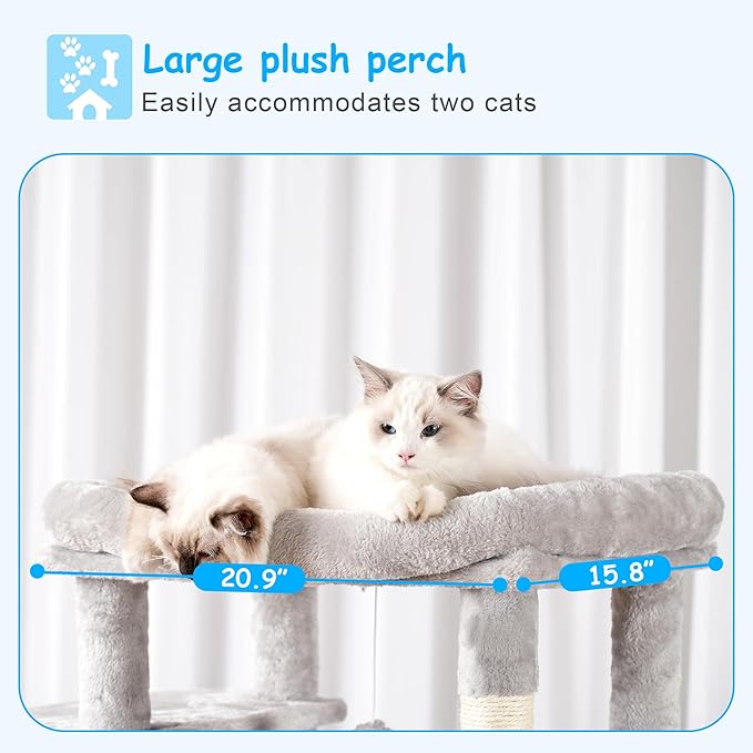Hey-brother Cat Tree, 69.3-Inches Multi-Level Plush Cat Tower for Indoor Cats with Large Top Perch, Extra Spacious Hammock, 2 Hammocks Ramp, Hanging Ball, Light Gray MPJ037W