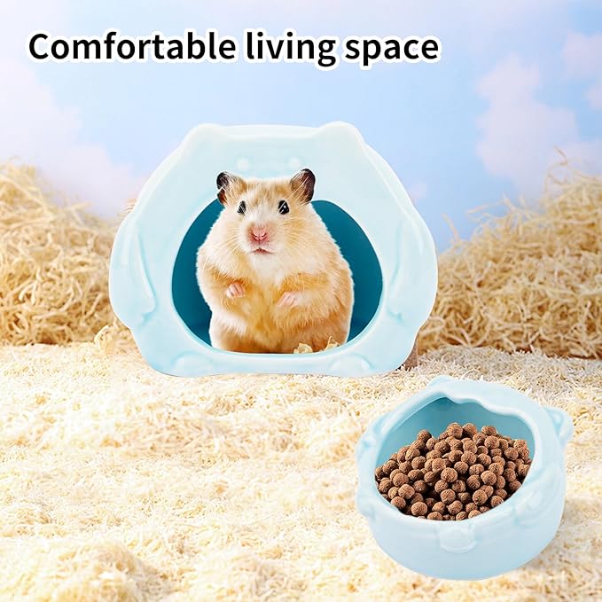 Bear-Shaped Hamster Hideout & Food Bowl Set - Ceramic Habitat for Syrian Dwarf Hamsters, Mice, Gerbils - All-Season Use, Chew-Proof Ceramic House and Feeding Dish for Small Pets(Blue)