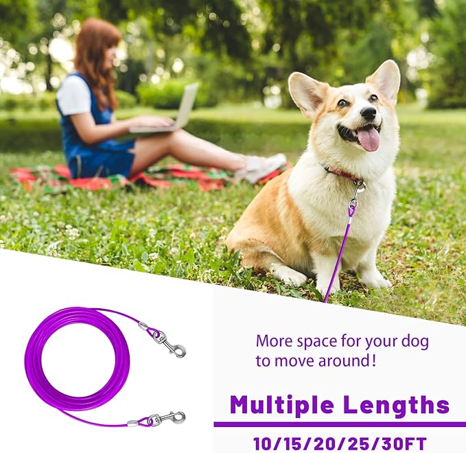 Dog Tie Out Cable 10/15/20/25/30 FT Runner for Yard Steel Wire Cable with Durable Superior Clips Purple Chains for Outside Dog Lead for Large Up to 165 Lbs