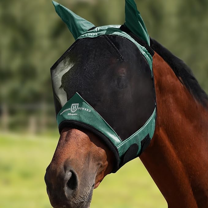 Harrison Howard Pro Luminous Horse Half Face Fly Mask Large Eye Space with Ears UV Protection for Horse Hunter Green L