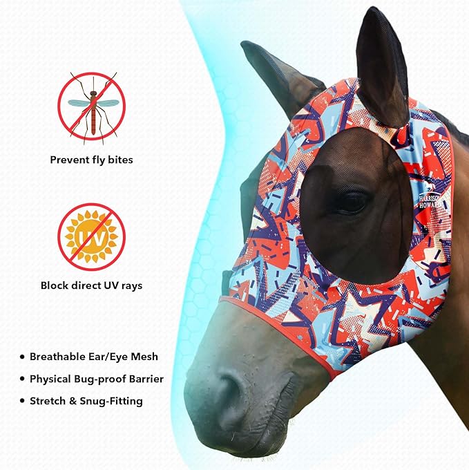 Harrison Howard Super Comfort Stretchy Fly Mask Large Eye Space with UV Protection Soft on Skin with Breathability Orange Geo Print M Cob
