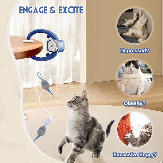 Cat Toy Interactive for Indoor Cats, Smart USB Rechargeable Door Hanging Automatic Retractable Kitten Toys, Teaser Electronic Self Play Feather Cat String Toys Attached with 3 Catnip Mice Blue