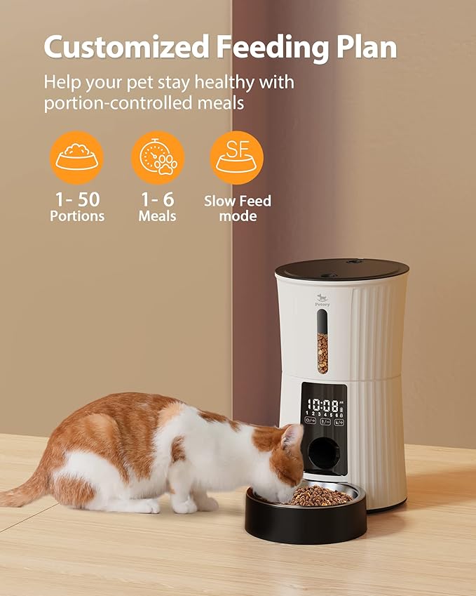 Petory Timed Automatic Cat Feeders - 4L Programable Dry Food Dispenser for Cats and Small Medium Dogs 6 Meals with Desiccant Bag Dual Power Supply 10S Voice Recorder