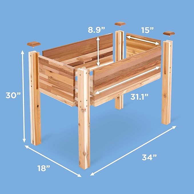 Jumbl Raised Canadian Cedar Garden Bed | Elevated Wood Planter for Growing Fresh Herbs, Vegetables, Flowers, Succulents | 34x18x30”