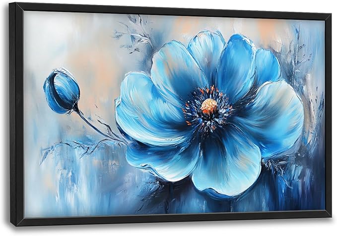 Extra Large Abstract Blue Flower Framed Wall Art for Living Room,Oversized Elegant Floral Pictures Wall Decor,Canvas Print Painting Modern Artwork Bedroom Office Bathroom 36L" x 24W"