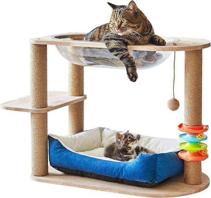 2 Tier Cat Tower,21.85 in cat Perch Wood cat condo with Hammock and Sisal Rope Scratcher Post Hanging Toy Balls for Indoor Large Cats Kittens (Blue)
