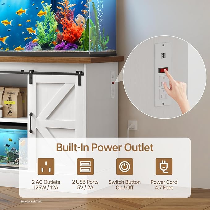 55-75 Gallon Fish Tank Stand with Sliding Barn Doors & Power Outlet, Heavy Duty Aquarium Stand with Cabinet Storage for Fish Tank, Turtle Tank, Reptile Terrarium, 1000LBS Capacity, White
