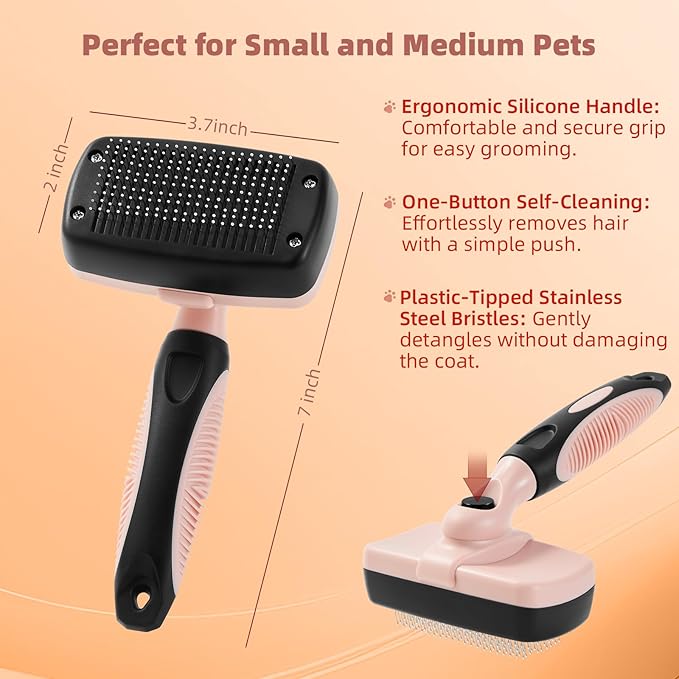 3PCS Cat & Dog Brush Set: Slicker & Deshedding Brush, Dematting Comb, and Bath Brush – Premium Grooming Tools for Shedding & Tangle-Free Fur (pink)