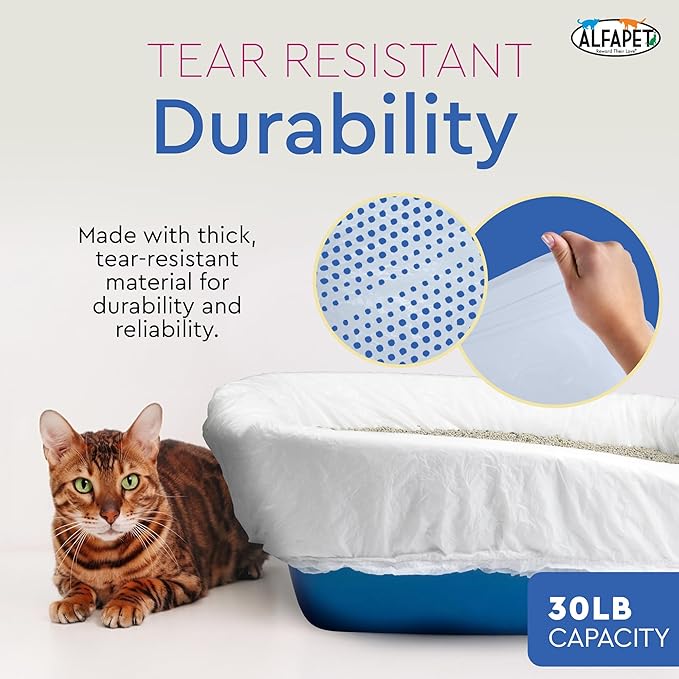 Alfapet Sifting Cat Litter Box Liners - Jumbo 30 Count, Tear-Resistant Cat Litter Bags, Waterproof Kitty Litter Liners, Fits Litterbox Pan Sizes X-Large, X-Giant, 37" x 18" 30 lb Capacity