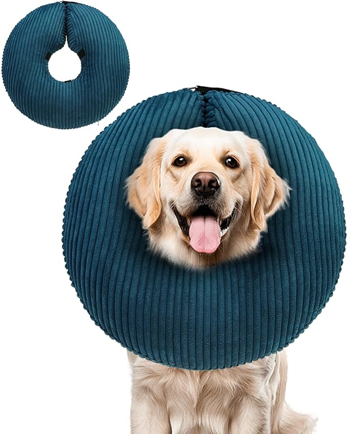 BINGPET Inflatable Dog Cone Collar Alternative After Surgery,Soft Recovery Cone for Dogs to Stop Licking,Protective Neck Donut E Collar Adjustable for Small Medium Large Dogs & Cats(Navy Blue,L)