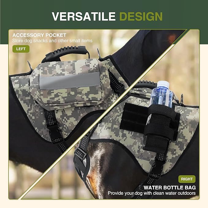 Dog Tactical Harness with Reflective Design, Breathable and Adjustable Tactical Dog Vest, No Choke Harness, Military Grade Gear for Training, Hunting, Outdoor Adventures, Camouflage M