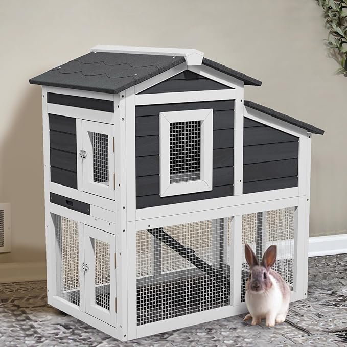 2 Story Rabbit Cage, Weatherproof Rabbit Hutch Indoor & Outdoor, Wooden Guinea Pig Cages with Removable Tray Openable Roof for Small to Medium Animals