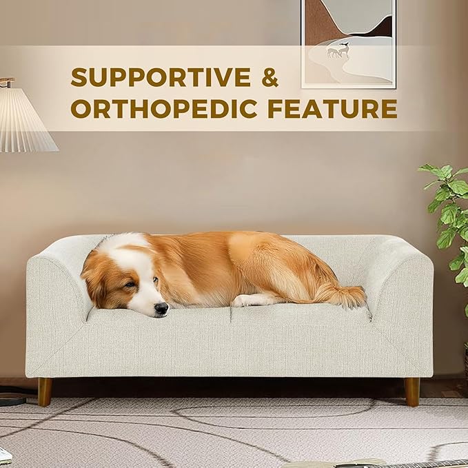 Dog Sofa Couch for Medium to Large Dogs, Memory Foam Dog Sofa Bed, Modern Elevated Pet Couch Bed with Wooden Legs for Medium and Large Dogs, Dark Beige