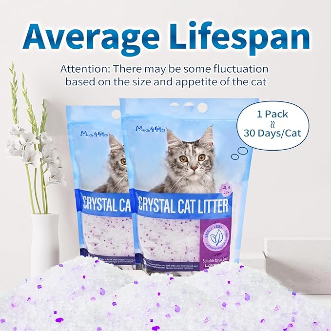 Made4Pets Cat Litter Crystals, Non Clumping Cat Litter Odor Control Kitty Litter Non Clumping No scooping Low Dust, Low Tracking, Lightweight, Dehydrates Waste, Lavender – 25.8 lbs (6 x 4.3 lb Packs)