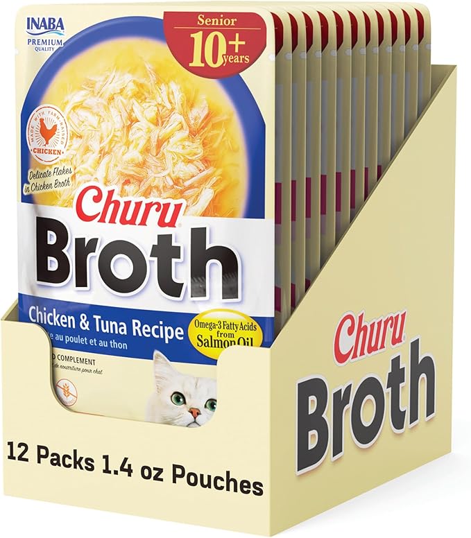 INABA Churu Broth for Cats Senior 10+, Side Dish Pouch, 1.4 Ounces per Pouch, 12 Pouches Total, Chicken & Tuna Recipe