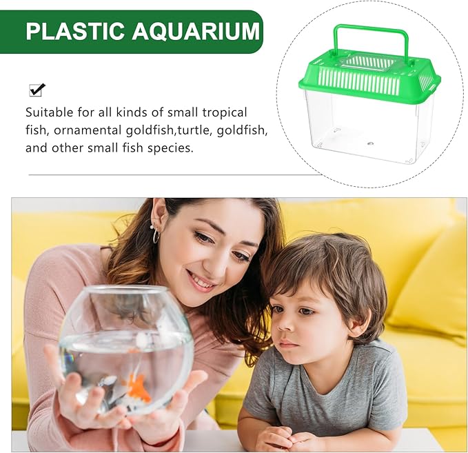 Portable Fish Tank Handheld Fish Tank,Plastic Mini Fish Box Transparent Cutout Design, Plastic Aquarium with Handle for Turtle and Pet Fish (Random Color Lid)