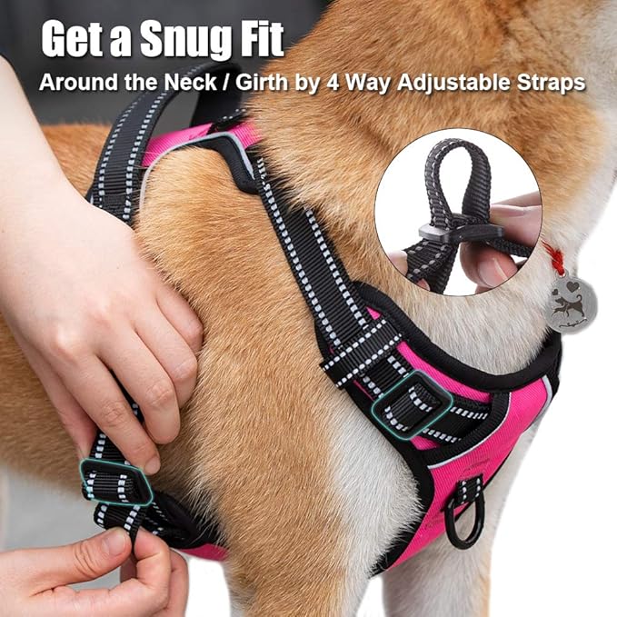 PoyPet No Pull Dog Harness, Reflective Comfortable Vest Harness with Front & Back 2 Leash Attachments and Easy Control Handle Adjustable Soft Padded Pet Vest for Small to Large Dogs (Pink,XS)