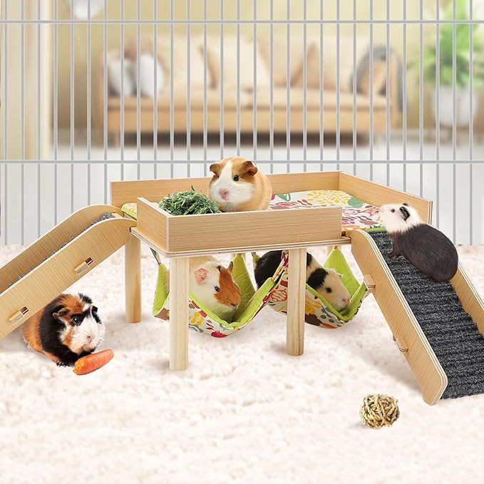 MEWTOGO Guinea Pigs Hammock with Platform, Wooden Guinea Pig Hideout with Stairs, Safe and Durable Small Pet Bed for Piggies Chinchilla Rat Hamster Bunny (Double Hammocks)